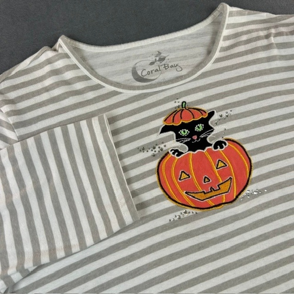 Coral Bay Gray White Striped Black Cat Pumpkin Halloween 3/4 Sleeve Shirt PXL